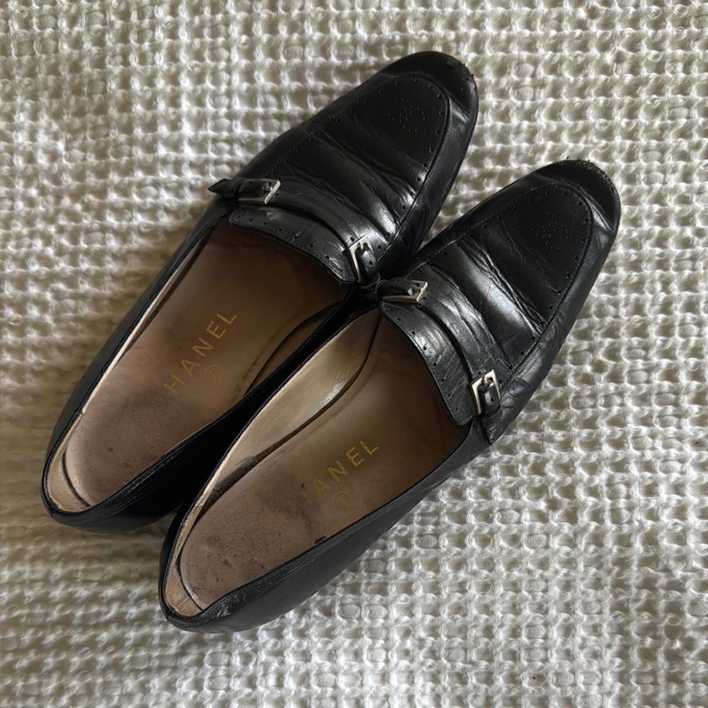 CHANEL Black Leather Loafers Flats
